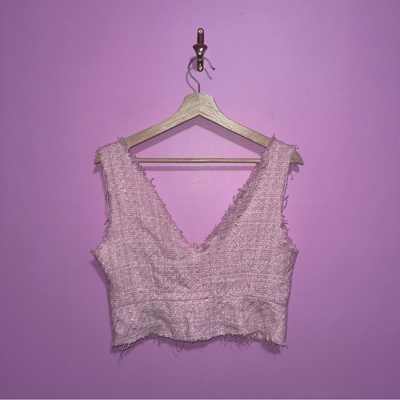 Zara Crop Top Women's Size Medium Pink Tweed V-Neck Structured Crossover NWT - Picture 10 of 12